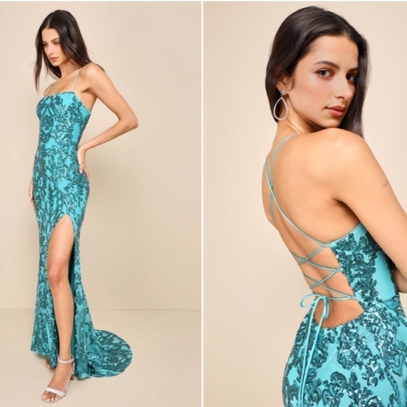 LULUS Prom Wedding Special Event Floral Sequins Lace Up Back Mermaid Gown •Small - Picture 2 of 3